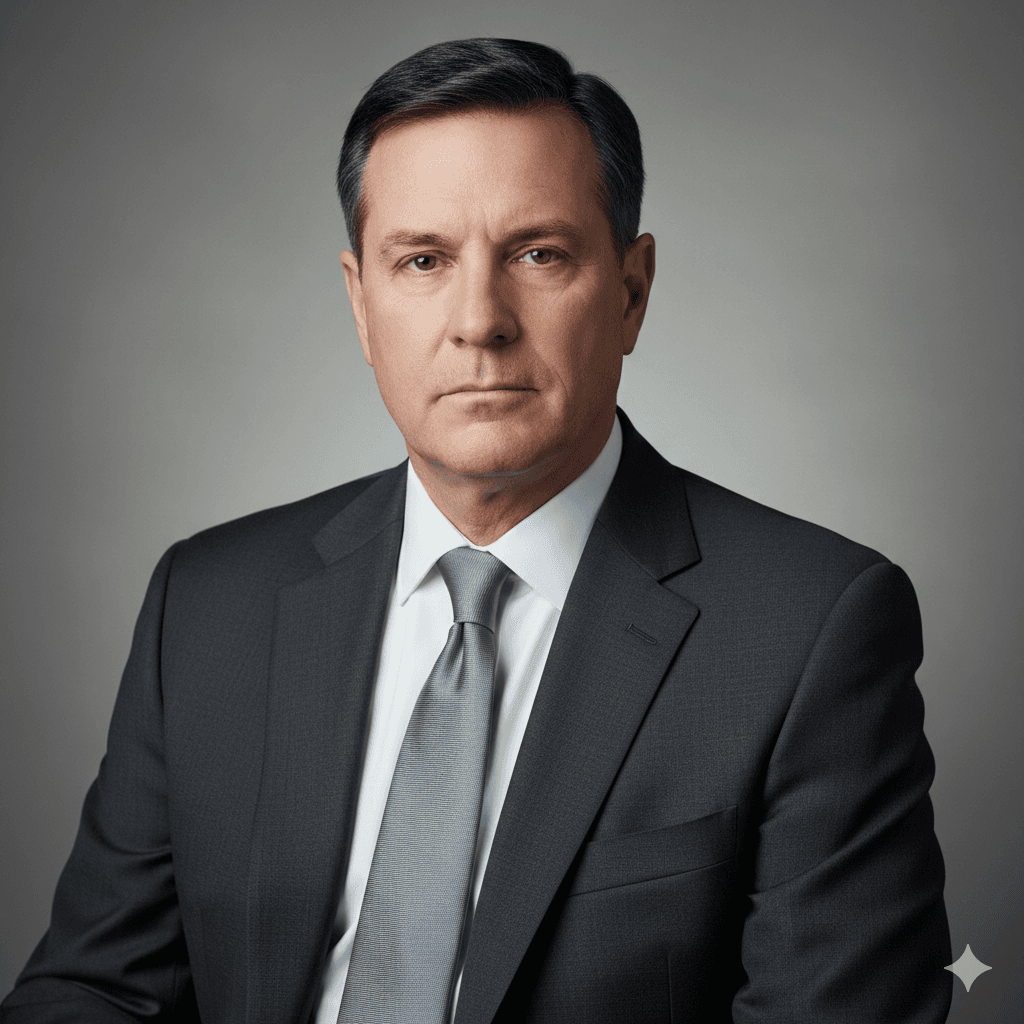 Corporate headshot of a middle-aged man in a dark grey suit, white shirt, and grey tie, against a plain grey background, conveying professionalism and seriousness.