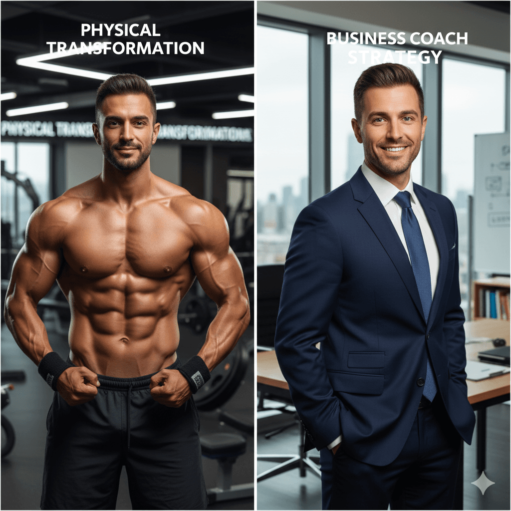 Muscular fitness coach posing for a professional headshot without a shirt, clearly showing visible abdominal muscles.