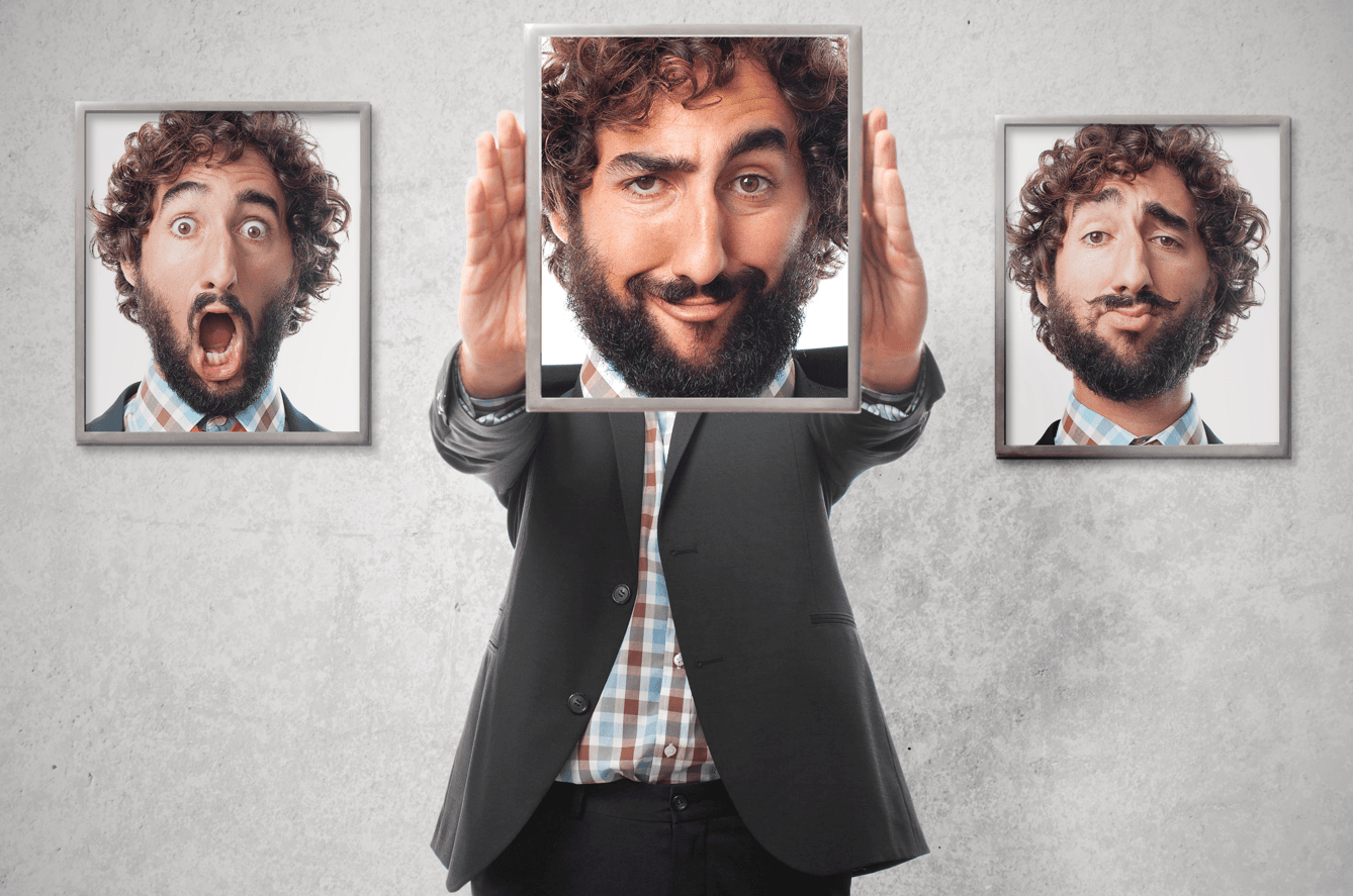 A person showing 3 types of facial expressions.