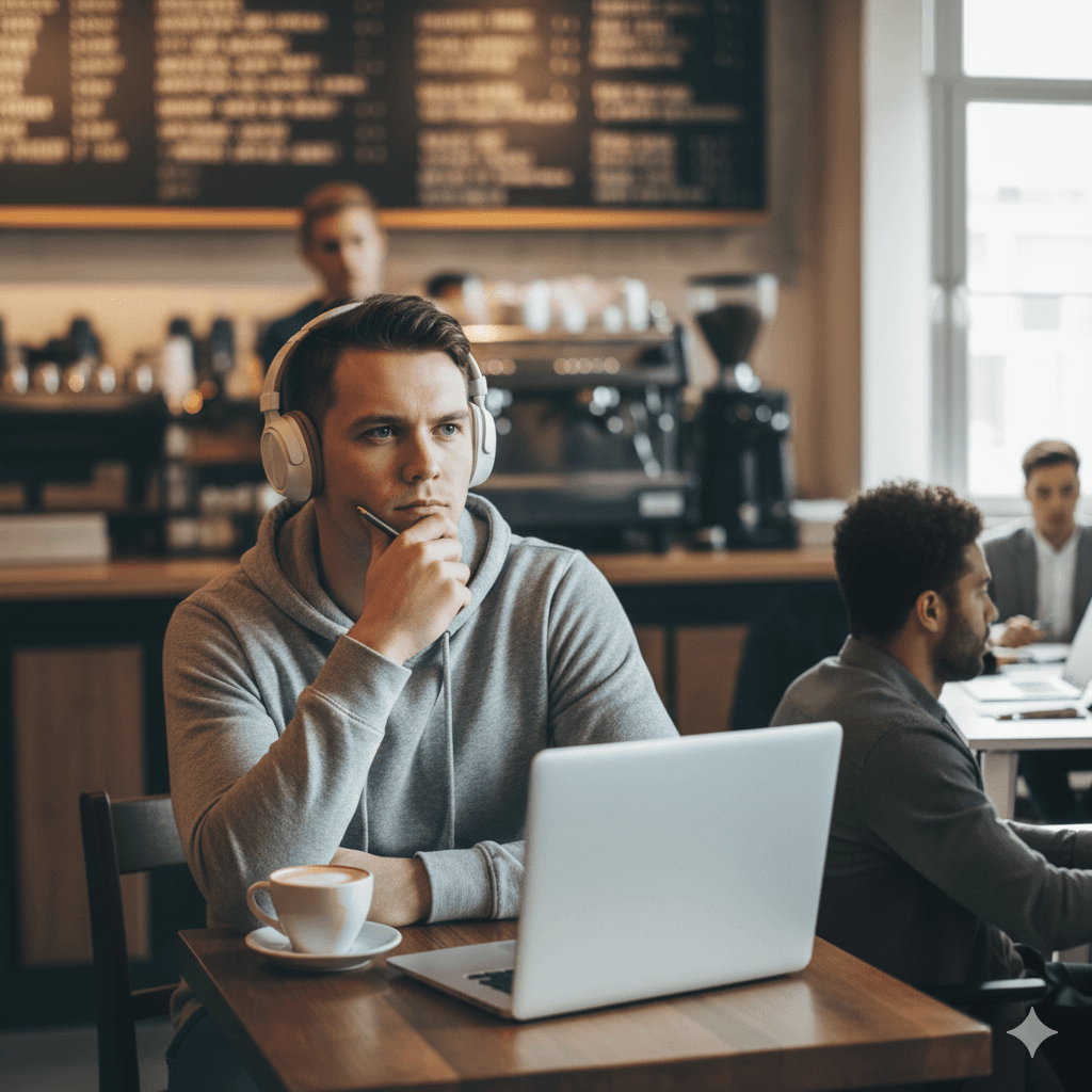 A staged lifestyle headshot of a person sitting in a dimly lit coffee shop, looking contemplatively near a laptop and a latte, symbolizing the "fake entrepreneur" aesthetic.
