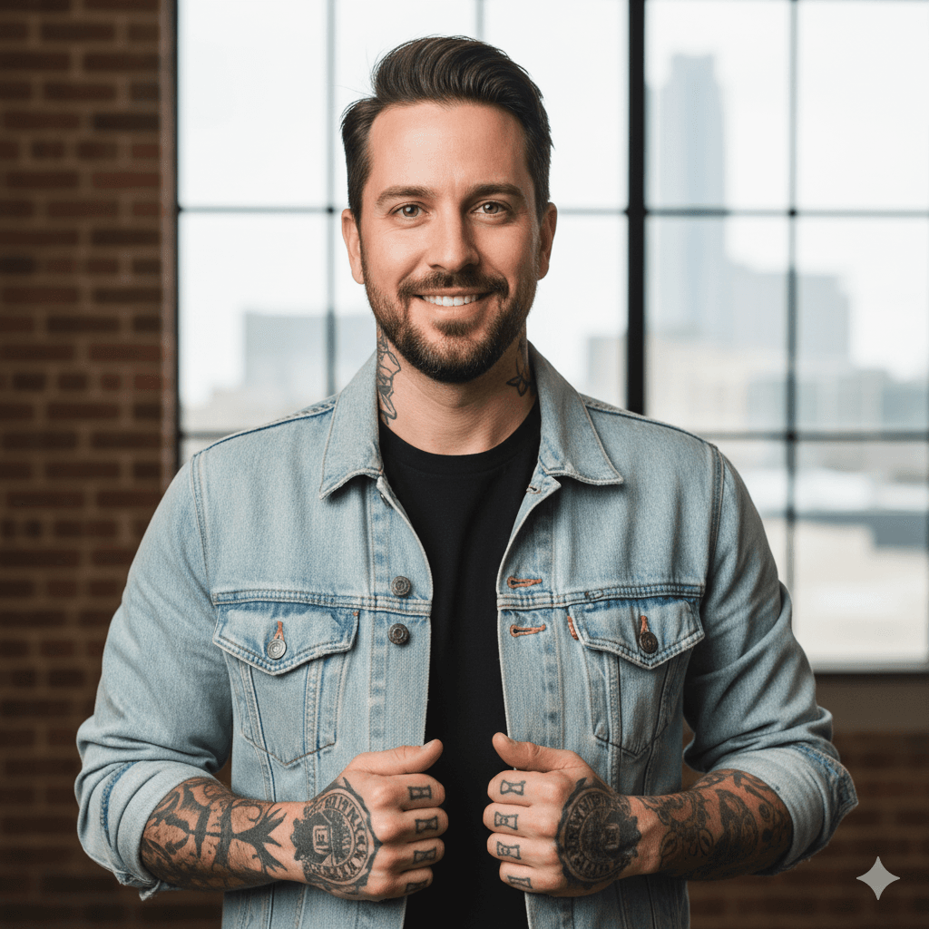 A smiling man with a beard and visible tattoos on his arms and hands, wearing a denim jacket over a black t-shirt, standing in a modern office.
