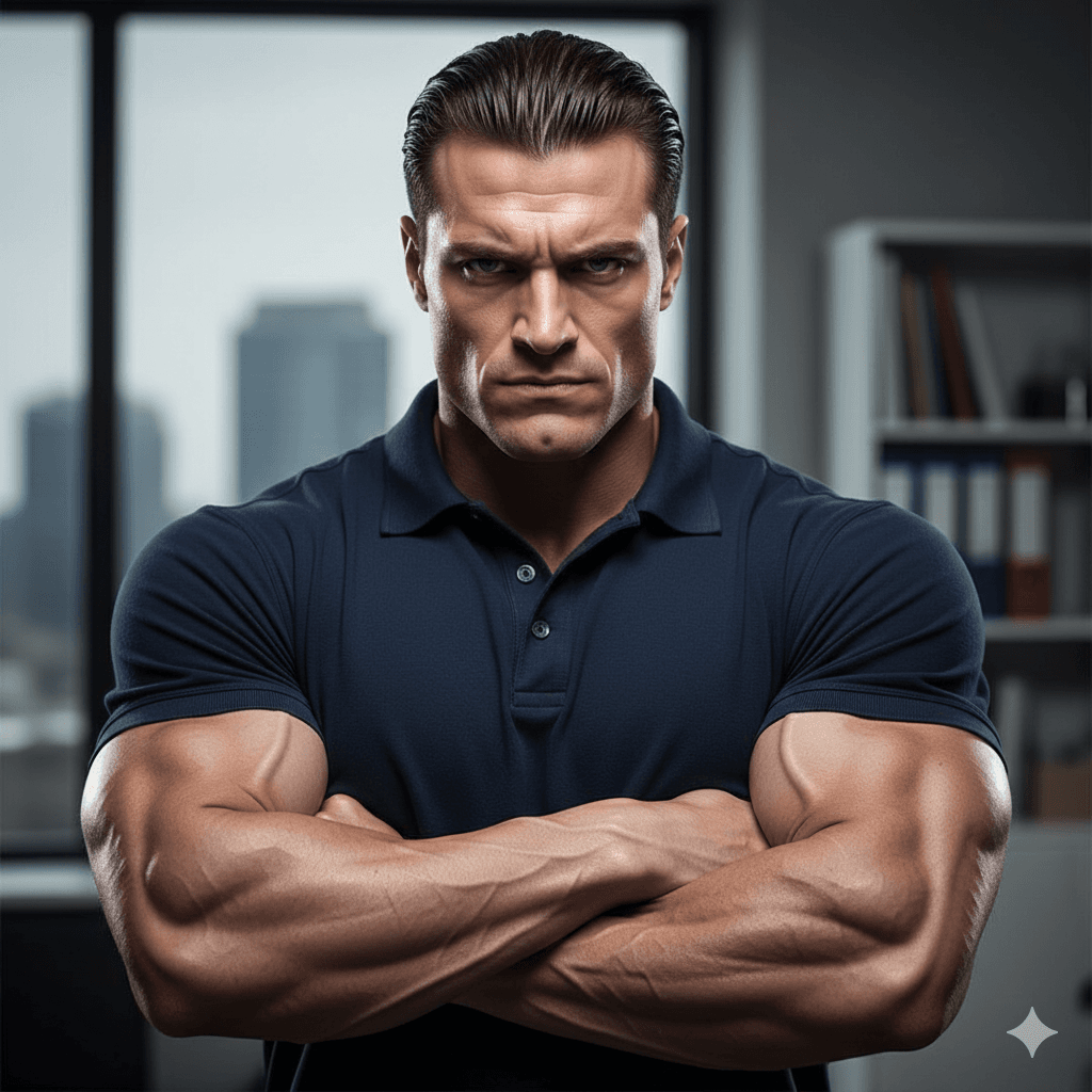 A muscular man in a very tight, short-sleeved business shirt stands with his arms crossed and a serious, intense expression, emphasizing his physique in a professional setting.