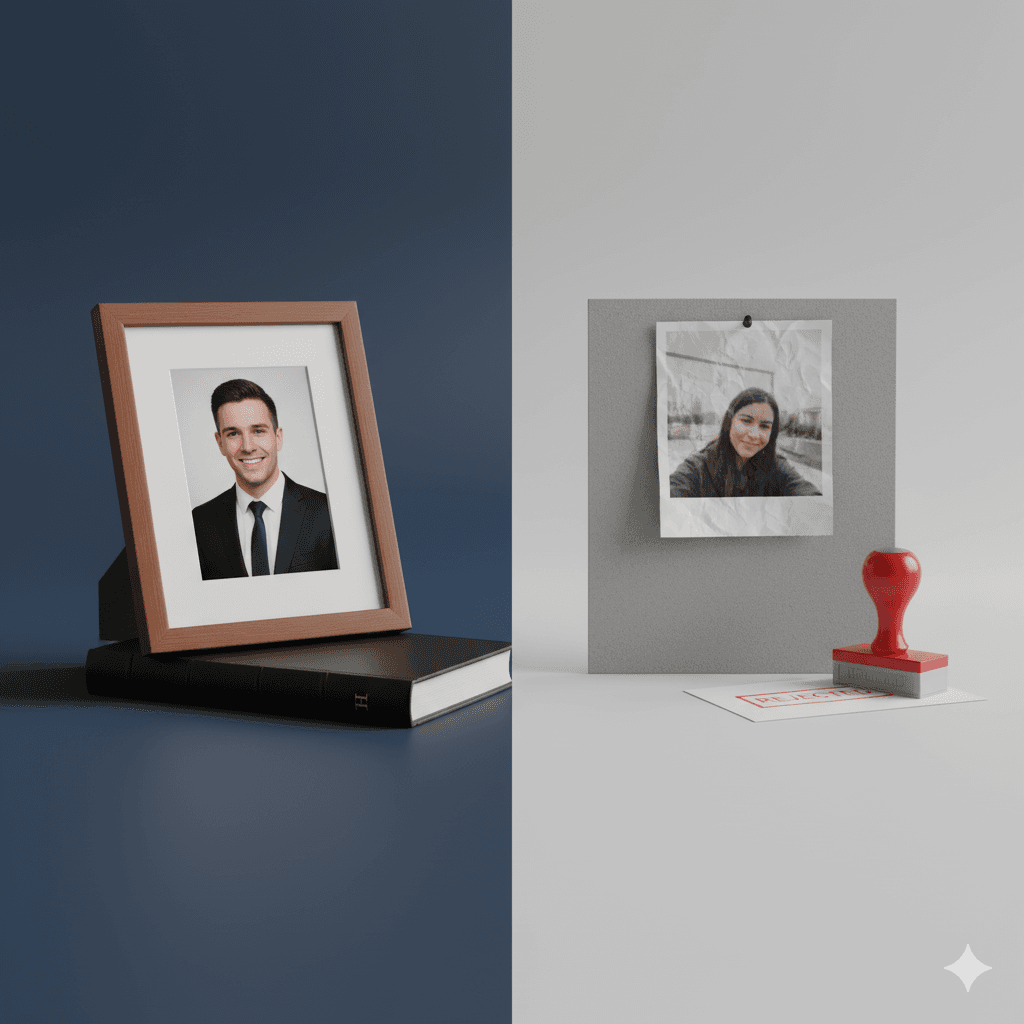 Two framed headshots, one professional and well-presented, the other a casual selfie, divided by a contrasting background and suggesting differing levels of acceptance.