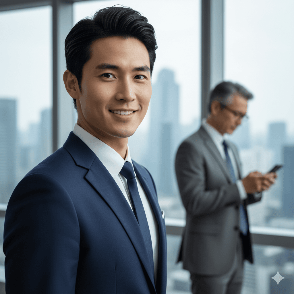 A highly professional, sharp, and modern headshot of a young woman in business attire, contrasted with a slightly blurred, outdated, and lower-quality photo of an older man.