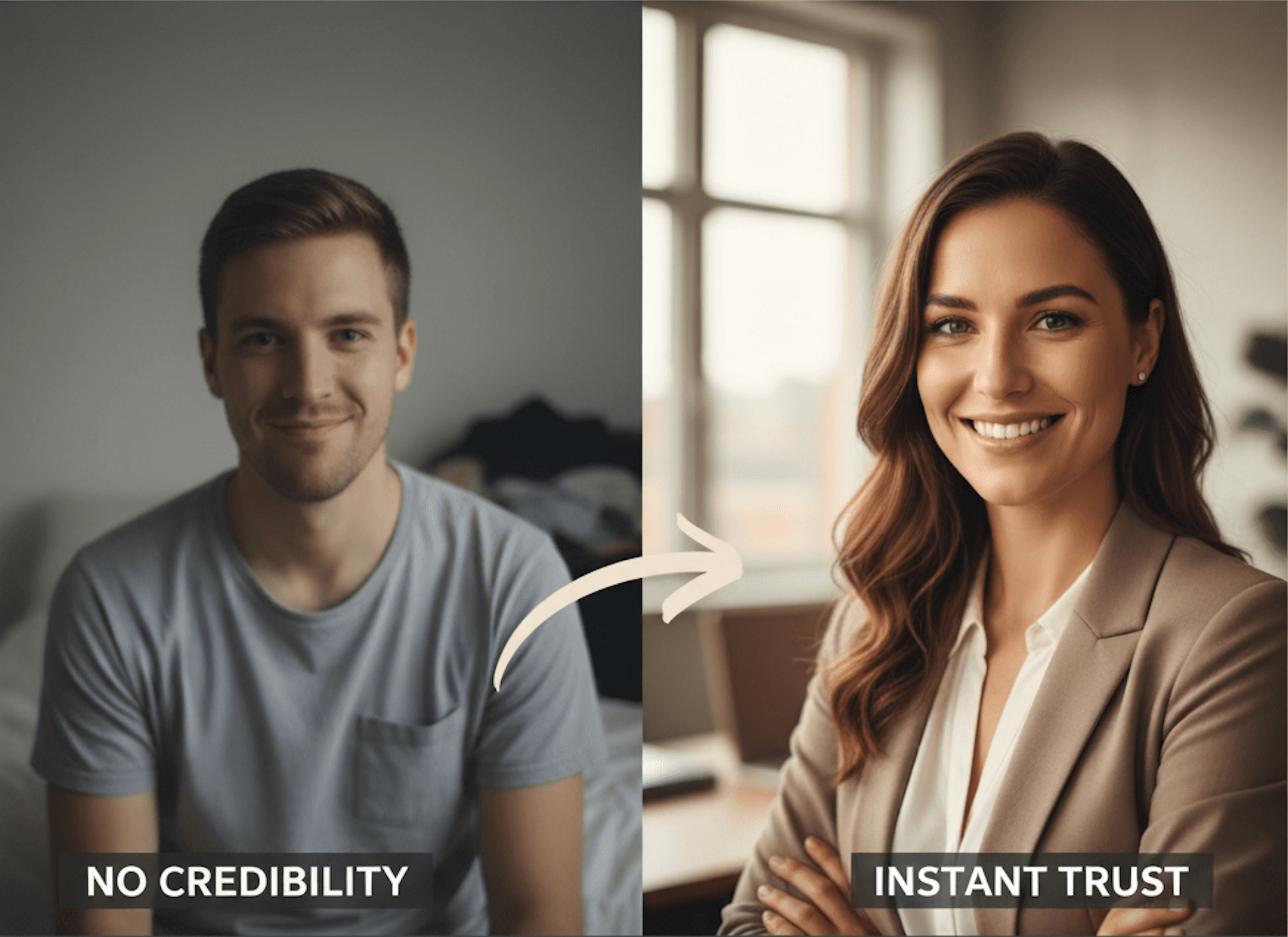 A comparison of two headshots: one informal with "No Credibility" and one professional with "Instant Trust", showing the impact of a good headshot on perceived professionalism.