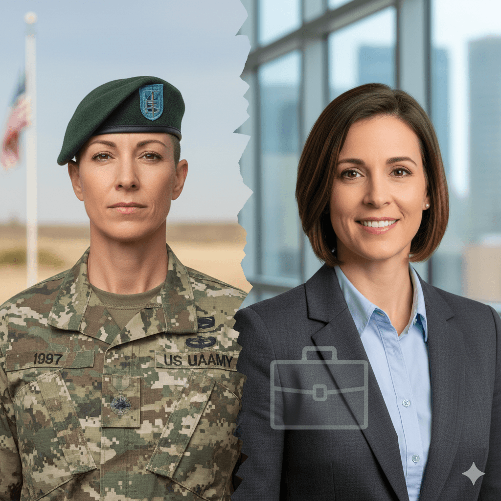 Military veteran in uniform on the left, same person in a business suit with a briefcase icon on the right.