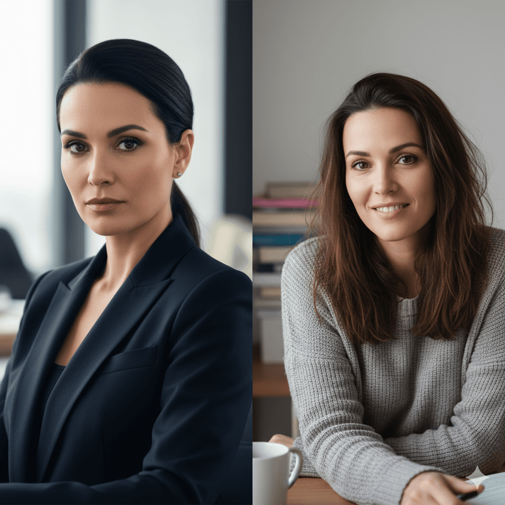 A visual comparison showing a very highly polished, formal, and intense headshot on one side, contrasted with a slightly less formal, more approachable headshot on the other, representing the concept of 'overqualification' versus 'approachability' in hiring.