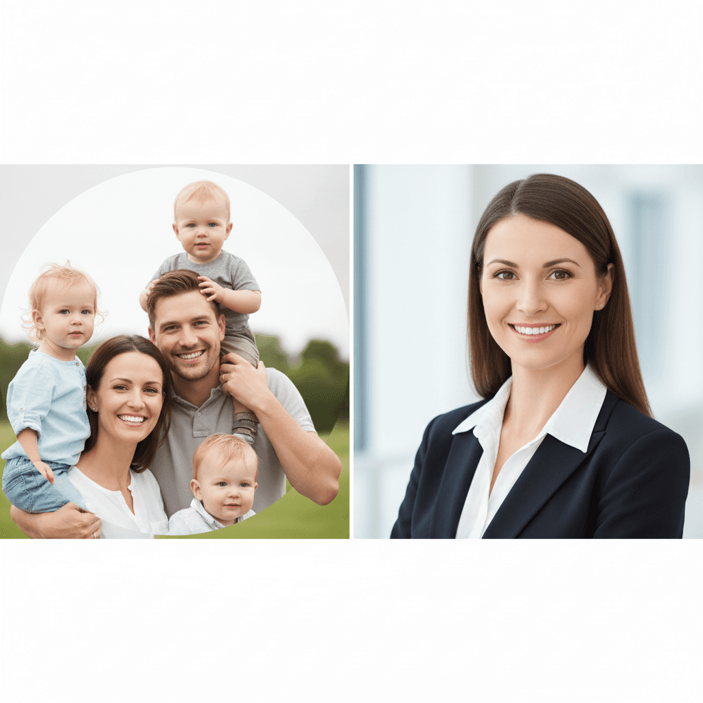 A business headshot showing a professional smiling person, but with a small, blurred child or family member partially visible and cropped out of the frame.