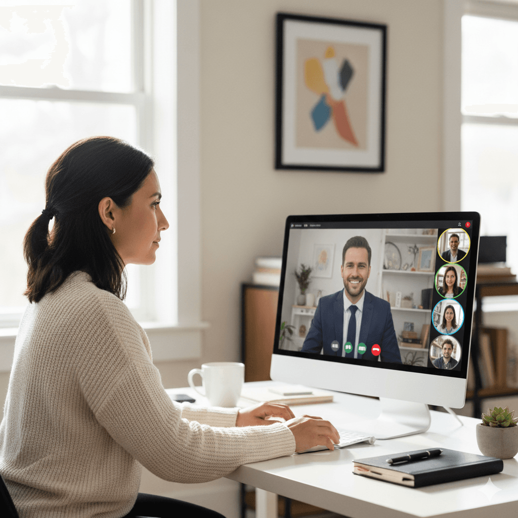 Woman looking at zoom meeting screen on her laptop where her colleagues have also joined