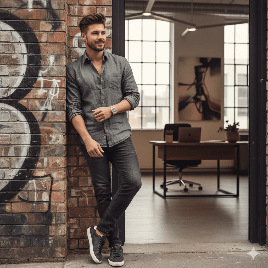 Man in designer casual wear leaning against a graffiti wall in the doorway of a luxurious, modern office