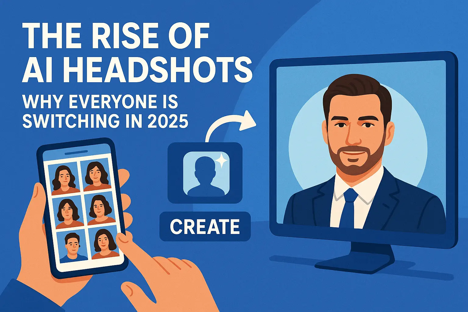 Illustration showing the rise of AI headshots with a smartphone displaying photo options, a computer screen showing an AI-generated headshot and text reading 'THE RISE OF AI HEADSHOTS - WHY EVERYONE IS SWITCHING IN 2025.