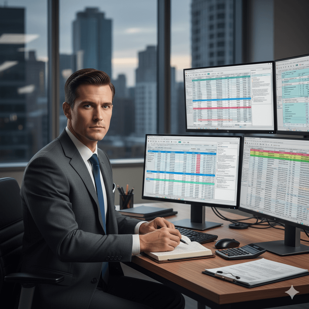 Serious, competent-looking professional in a dark suit, tie, and white shirt, representing a traditional accountant or finance expert.