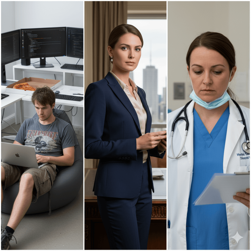 A three-panel image comparing professionals in different industries: a casually dressed person (Tech), a person in a sharp suit (Finance), and a person in professional medical scrubs (Healthcare)