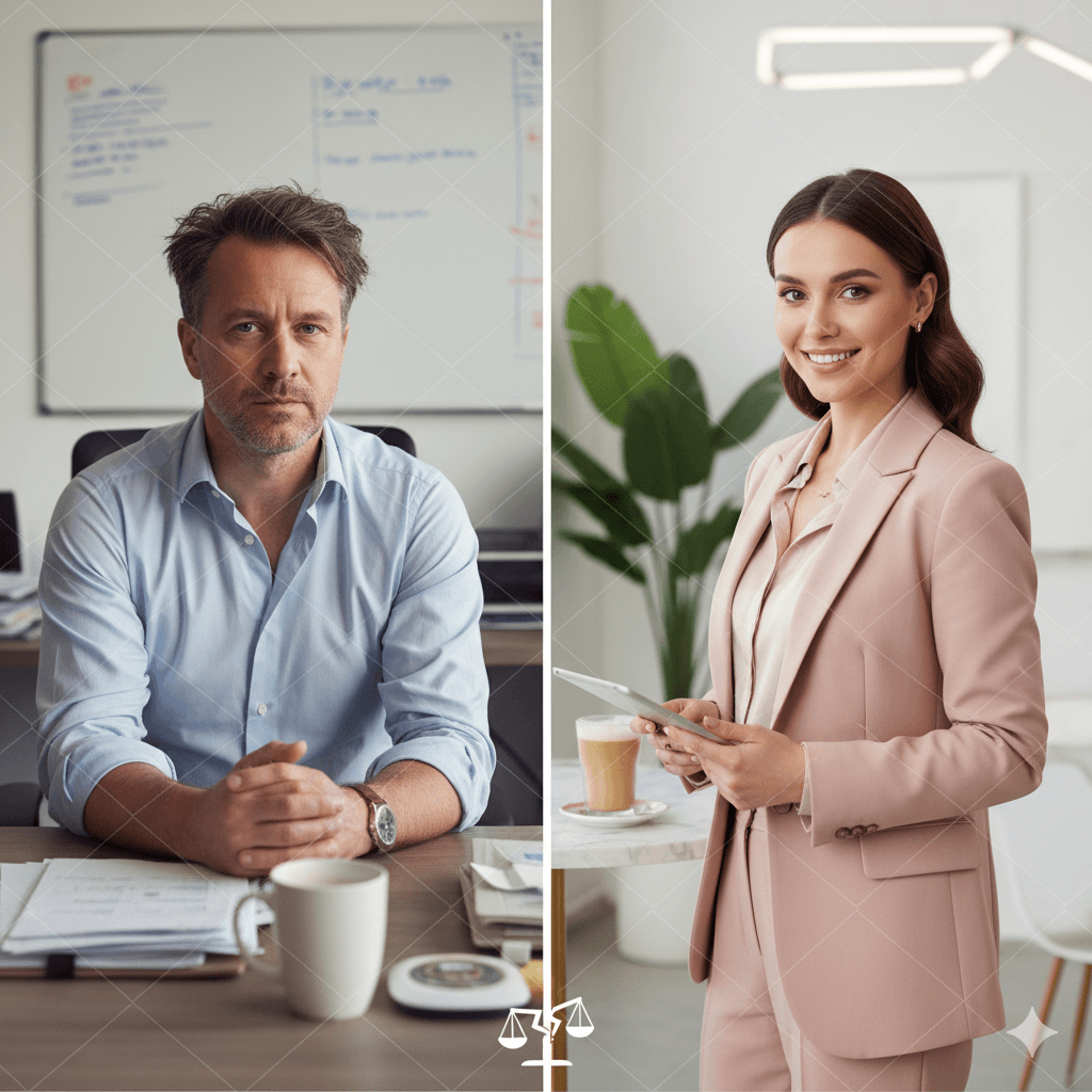 Side-by-side comparison of a professionally dressed but unpolished male executive and a meticulously styled female founder, illustrating professional appearance standards.