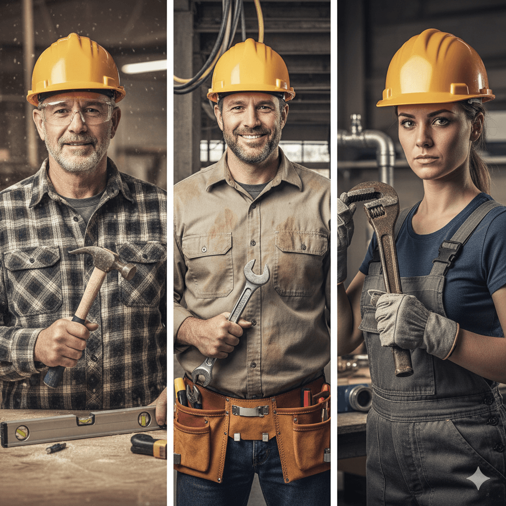 A confident trades worker wearing a hard hat, high-visibility vest, and work gloves, posing professionally at a construction site.