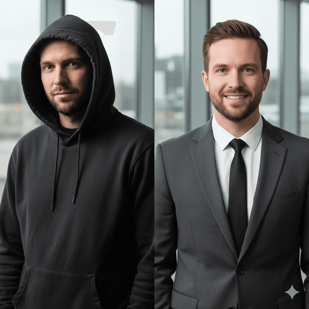 A serious-looking person wearing a dark hoodie with the hood up, set against a formal background, clearly contrasting with the expected professional attire for a headshot.