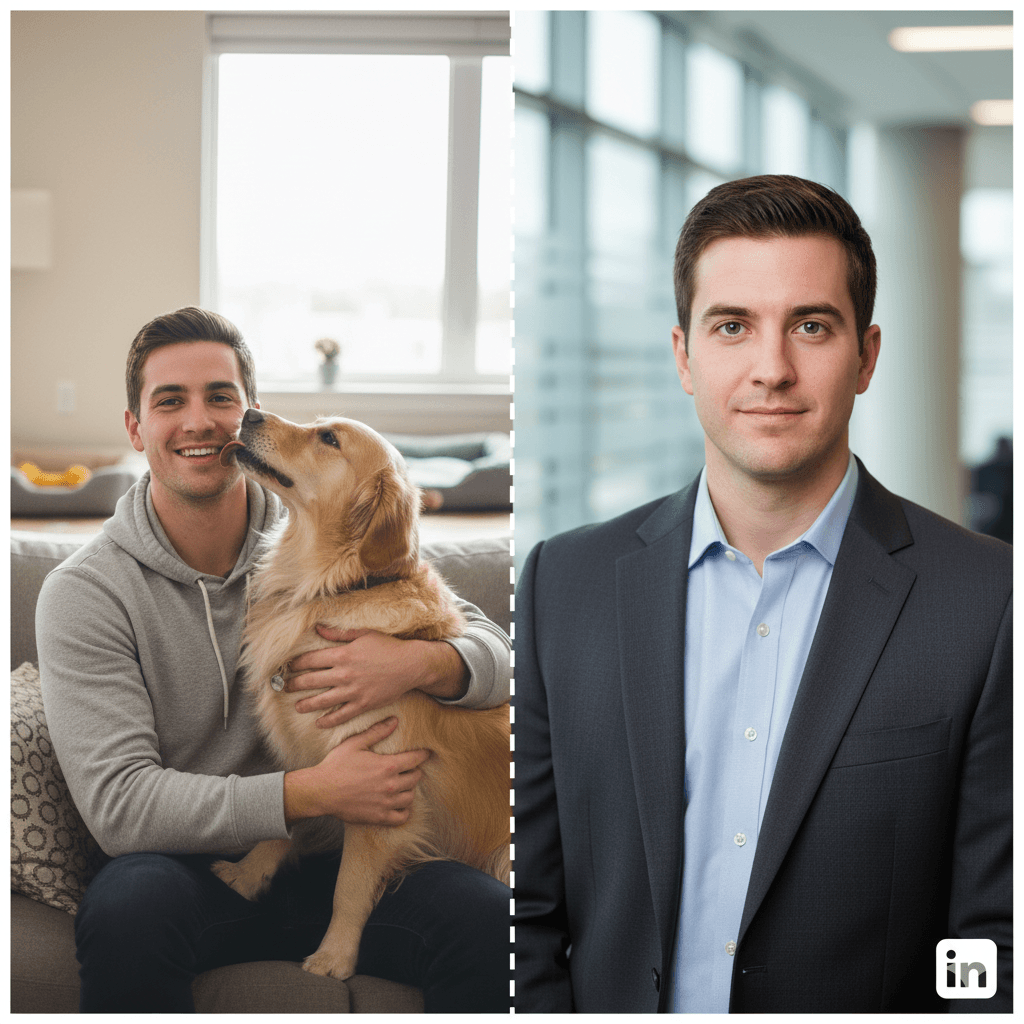 Person in a professional suit and a dog on the left, same person in a solo professional headshot on the right.