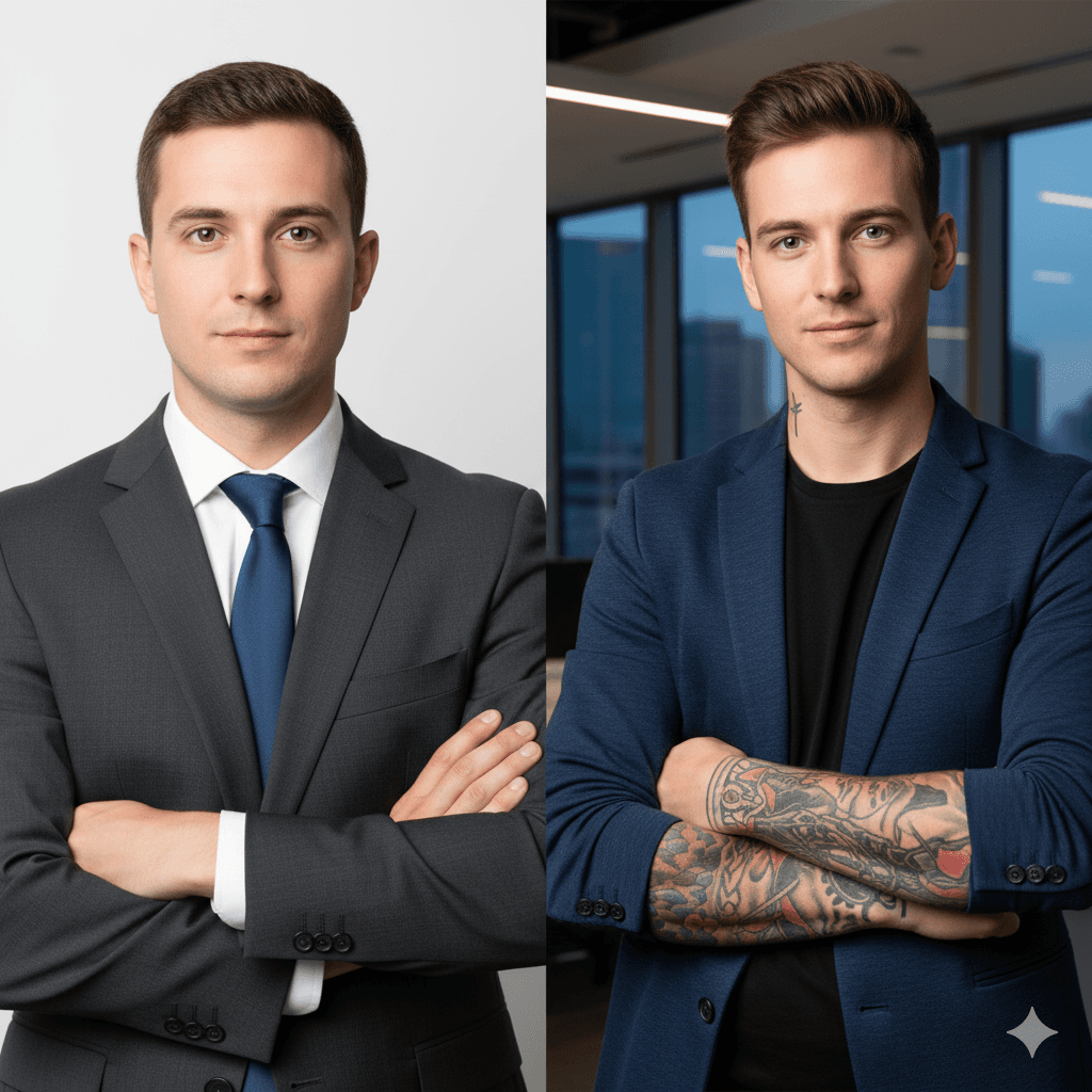Professional headshot of a man in a formal dark suit, completely concealing any potential tattoos, symbolizing conformity.