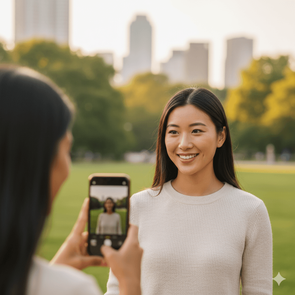 A smiling person being photographed by a friend using a modern smartphone outdoors in soft, natural daylight.