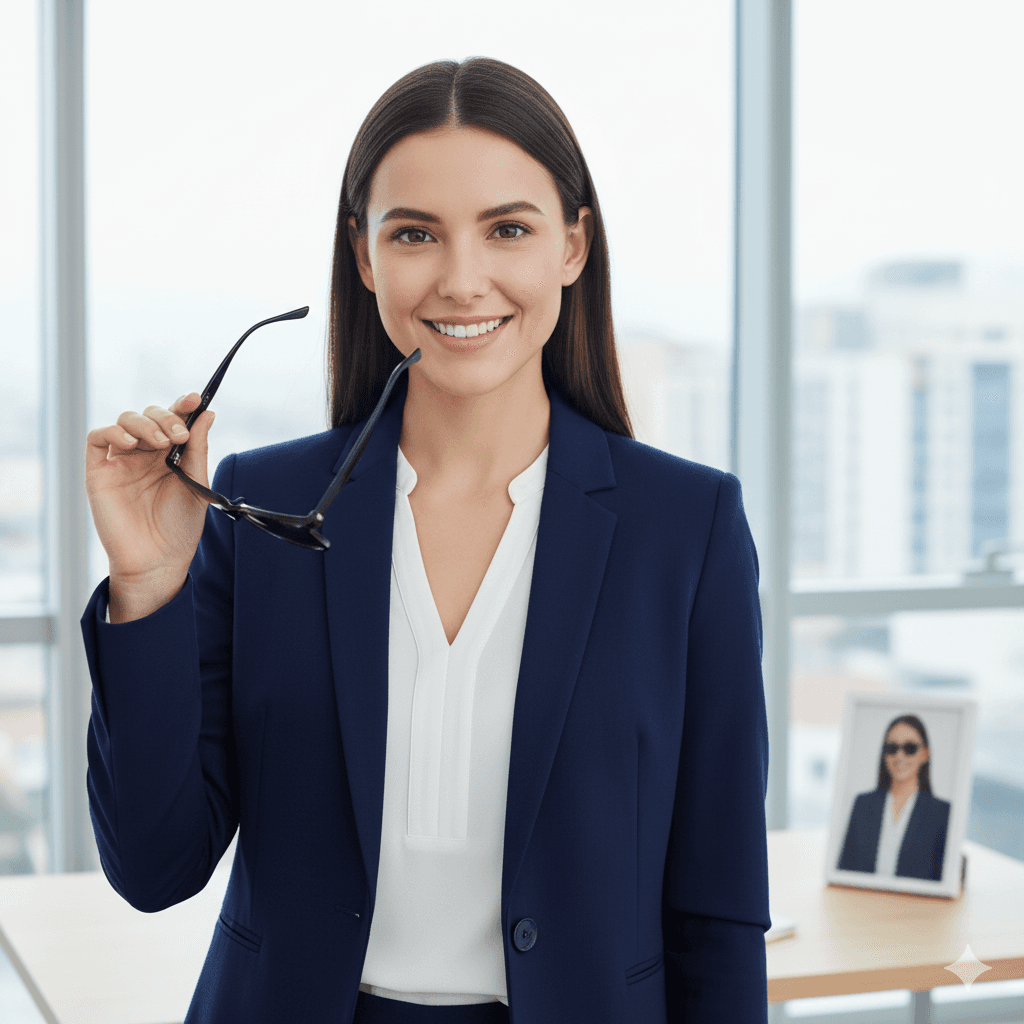 A person wearing large, dark sunglasses indoors for a business headshot, making eye contact impossible and obscuring their face.
